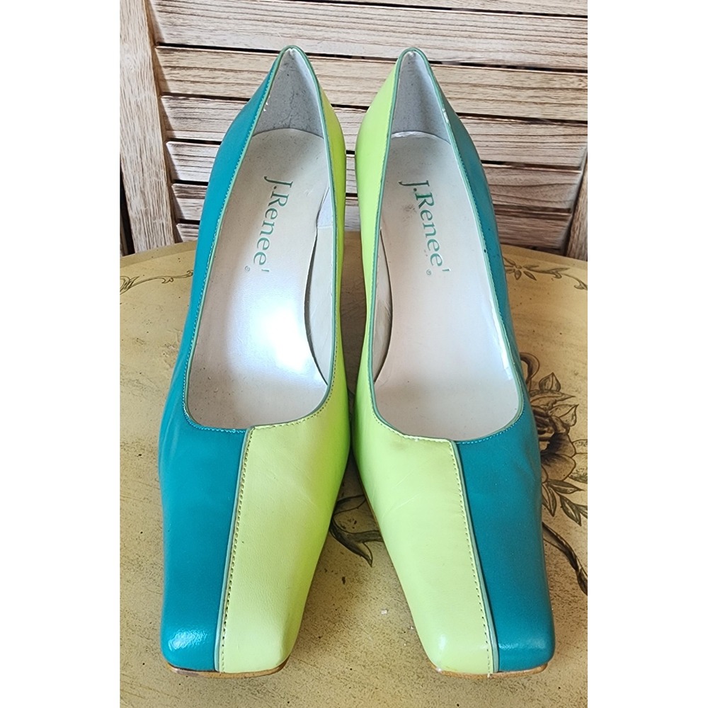 J. Renee Sz 10 Blue Green Leather Colorblock Square Toe Pump 3" Heels Wacky